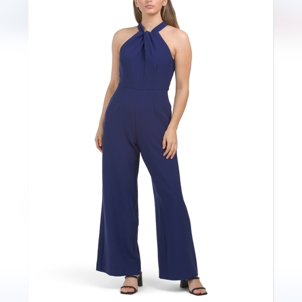 𝅺Julia Jordan Indigo Halter Neck Wide Leg Crepe Jumpsuit
